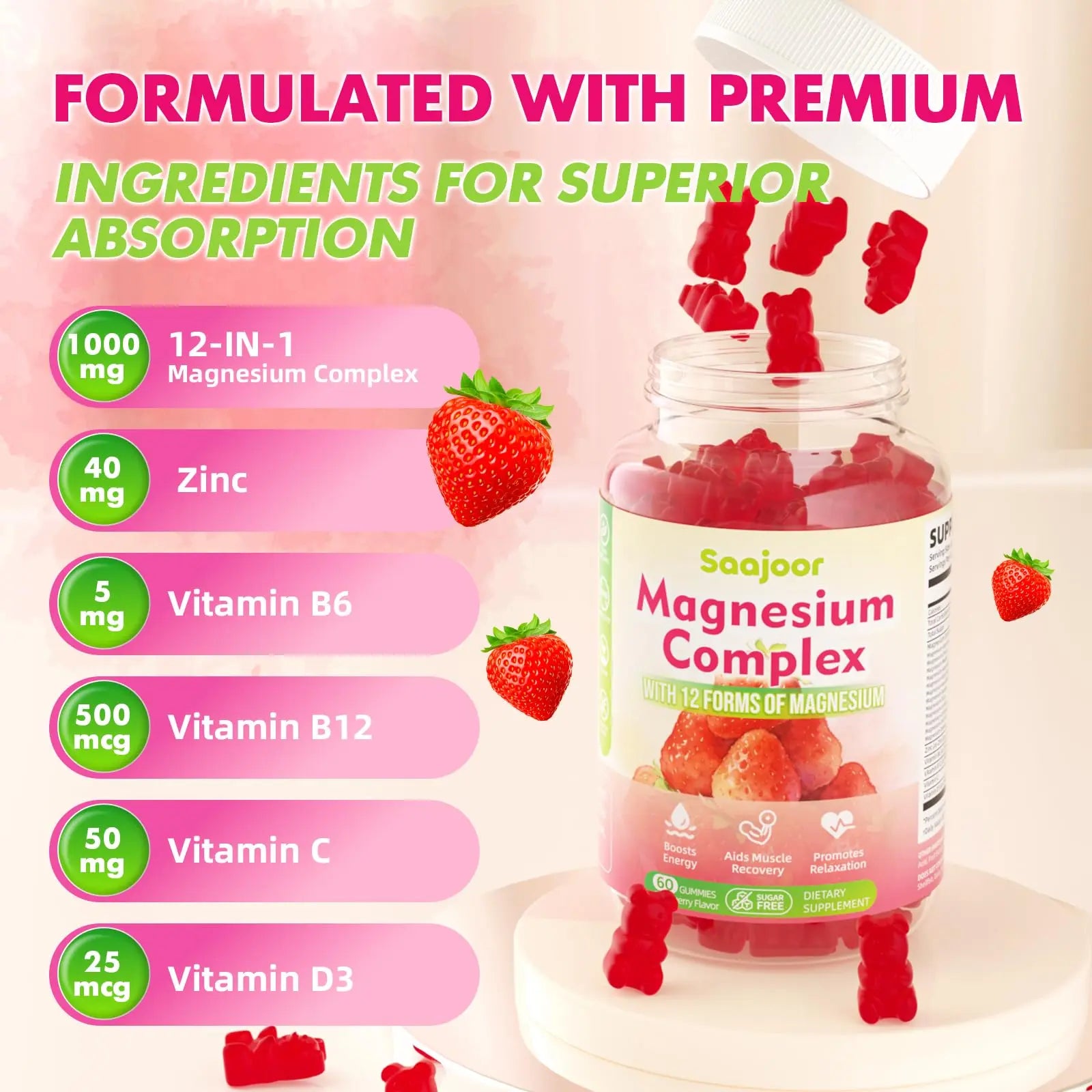 Magnesium Complex Gummies – with 12 Forms of Magnesium (Citrate, Glycinate, Malate, Oxide, and More) Plus Vitamins B6, B12, and C. for Women and Men – Strawberry Flavor, 60 Count Saajoornz supplements