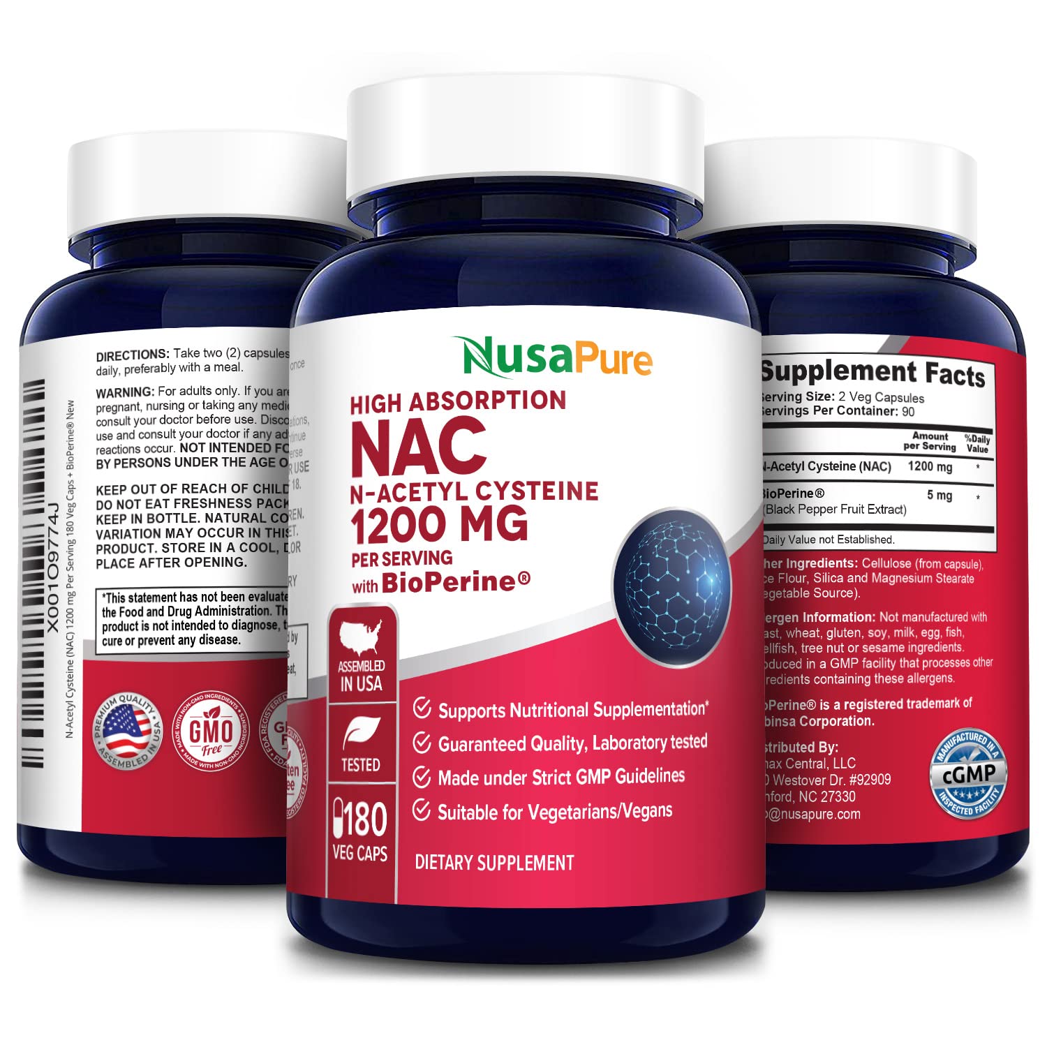 NusaPure N-Acetyl Cysteine (NAC) 1200mg 180 Veggie Caps (Vegetarian, Non-GMO, Gluten Free) Bioperine NusaPureAu supplements