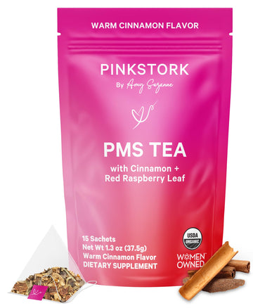 Pink Stork Organic PMS Tea for Hormone Balance, Mood Swings, Bloating, and Period Regularity - 8 Herbs - Vitex, Red Raspberry Leaf, Chamomile - Caffeine-Free - 15 Sachets, Hot or Iced Pink StorkAu supplements