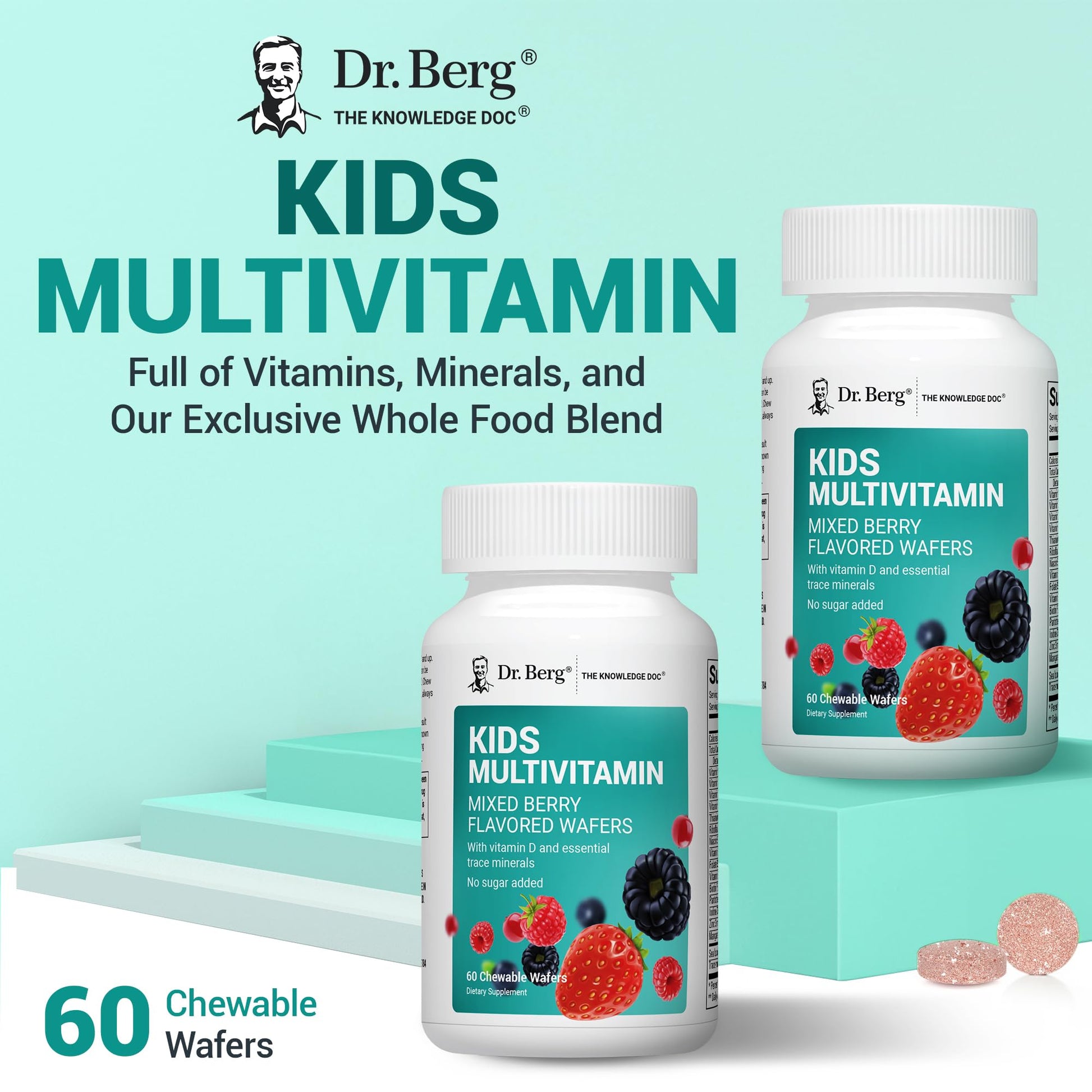 Dr. Berg Kids Chewable Multivitamins (NOT Sweetened w/Sugar) - Daily Multivitamin for Kids that Includes 20 Nutrients & Trace Mineral Complex - Mixed Berry Chewable Vitamins for Kid - Red Wafers Dr. Berg NutritionalsAu supplements