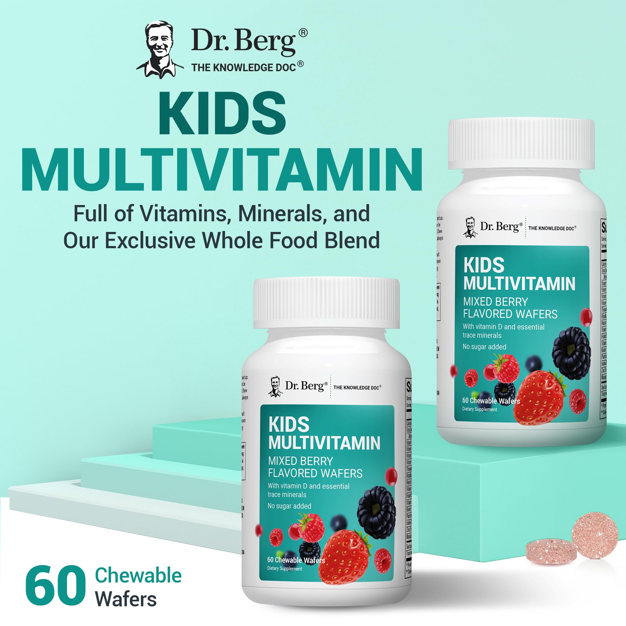 Dr. Berg Kids Chewable Multivitamins (NOT Sweetened w/Sugar) - Daily Multivitamin for Kids that Includes 20 Nutrients & Trace Mineral Complex - Mixed Berry Chewable Vitamins for Kid - Red Wafers Dr. Berg NutritionalsAu supplements