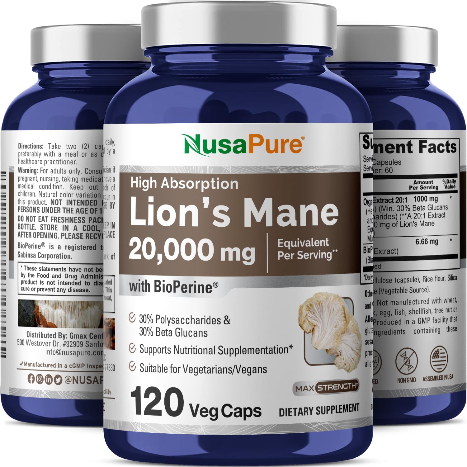 NusaPure Lions Mane 20:1 Extract (20,000 mg Equivalent) - Made with Organic Lion`s Mane, Bioperine - 30% Polysaccharides - 120 Veggie Caps. Non-GMO, Gluten Free NusaPureAu supplements