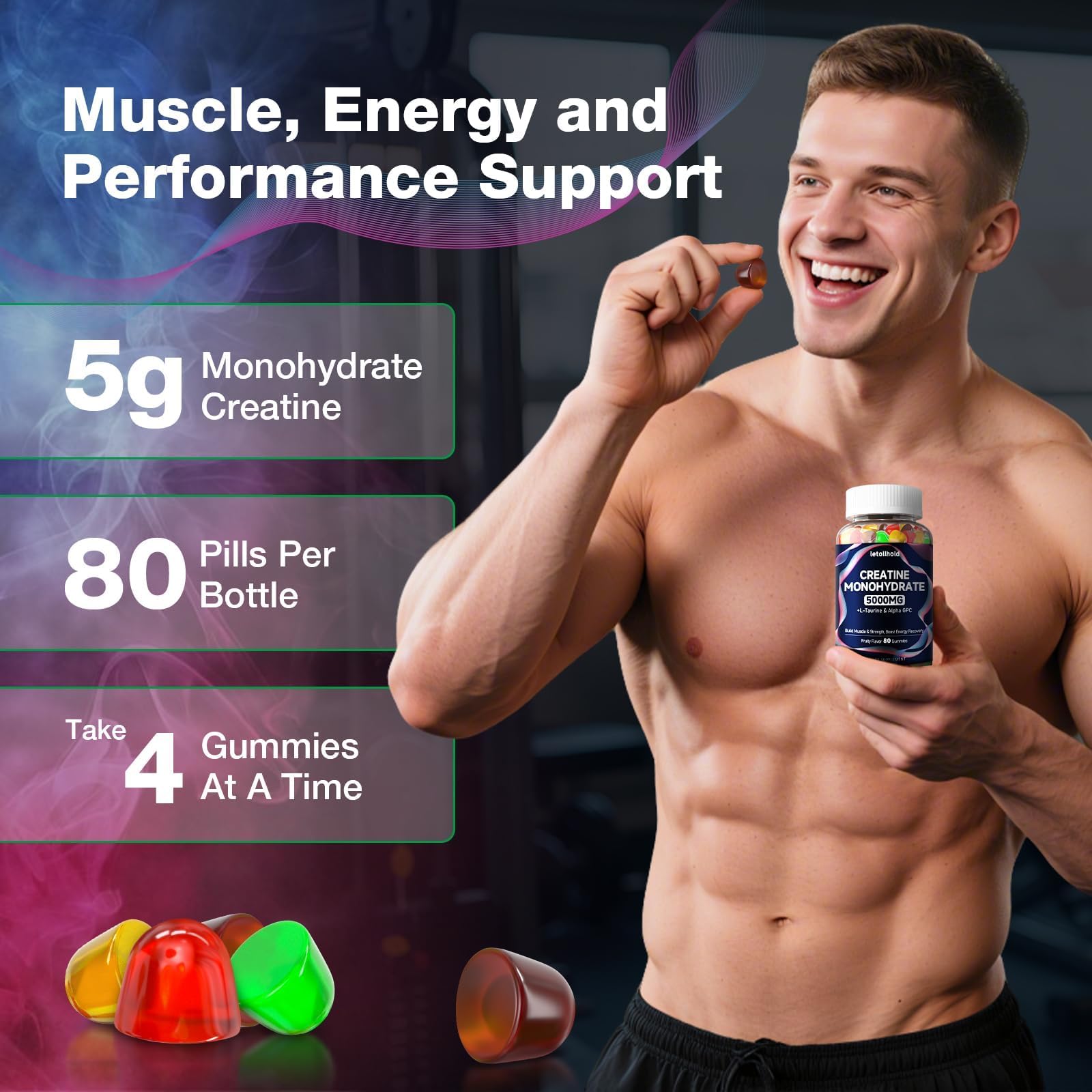 Creatine Monohydrate Gummies 5g for Women & Men - Creatine Gummies for Women Pre Workout Chewables with L-Taurine & Alpha GPC, Sugar-Free Muscle Builder, Energy Boost, Vegan Non-GMO (160 Count) letollholdAu supplements