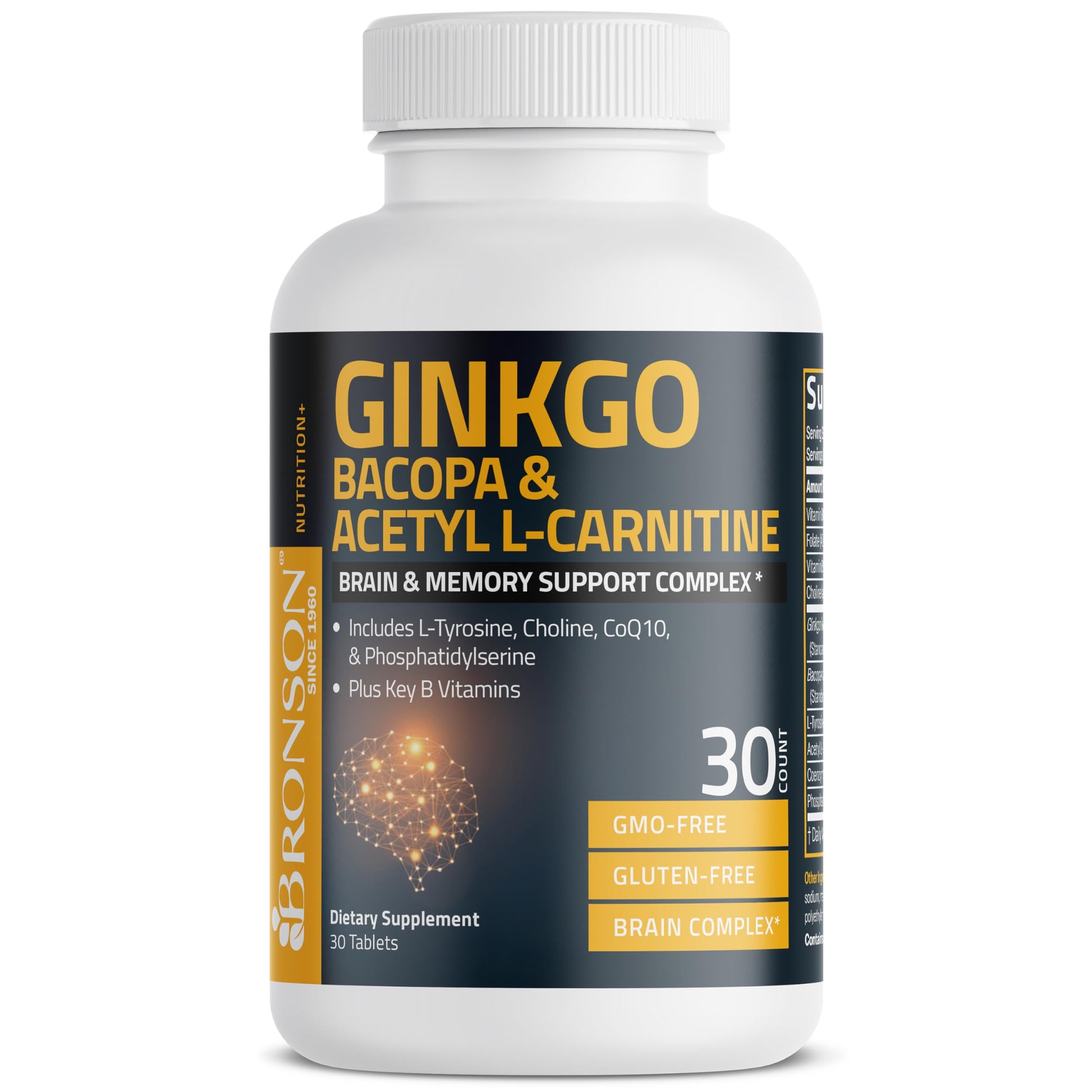 Bronson Ginkgo, Bacopa & Acetyl L-Carnitine Brain & Memory Support Complex with L-Tyrosine, Choline, CoQ10 & Phosphatidylserine Plus Key B Vitamins Non-GMO, 30 Tablets BronsonAu supplements