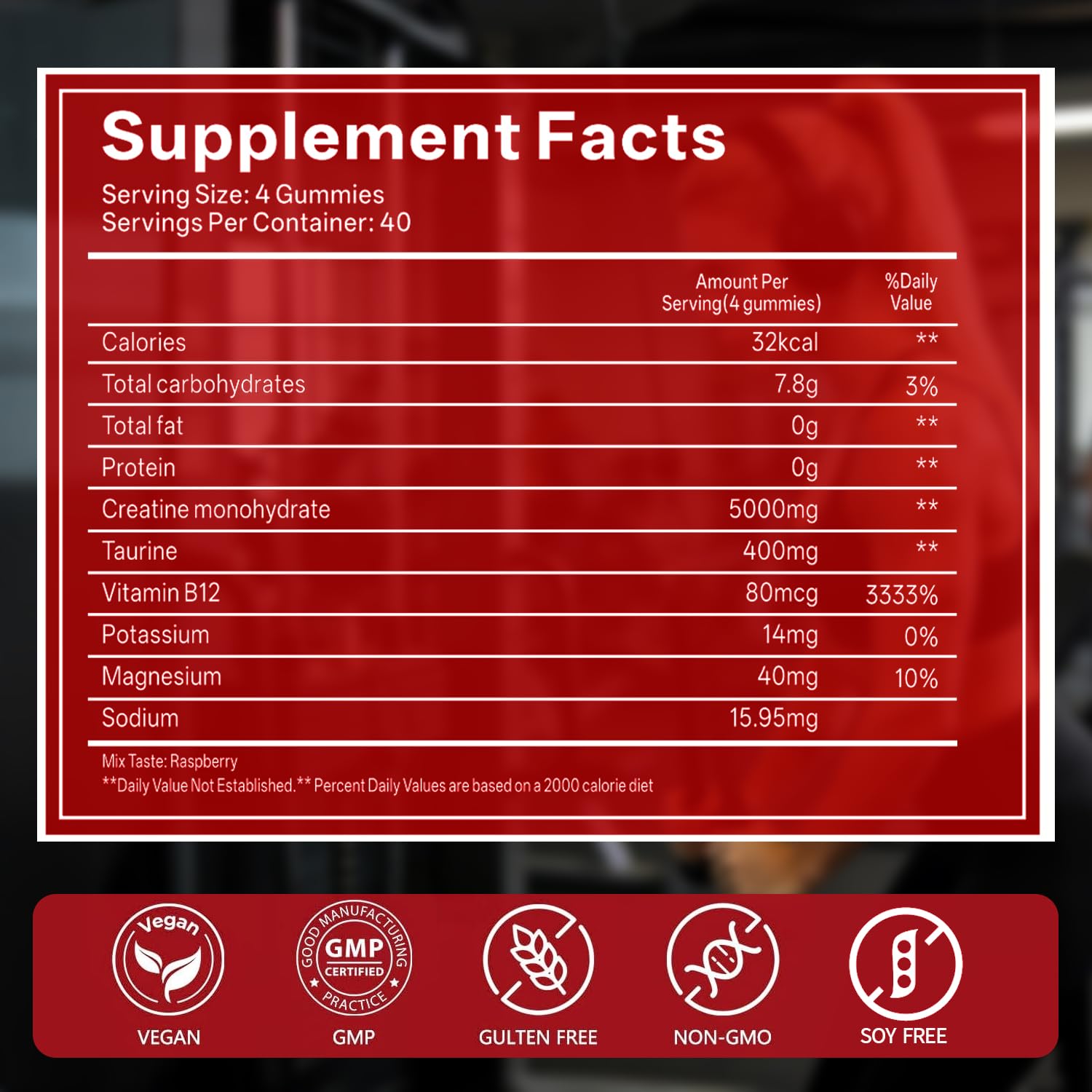 GABE SUNNYBEARS Creatine Gummies, NSF Certified, 5g Creatine Monohydrate per Serving with Taurine & B12, Raspberry Flavor, 160 Count, for Men & Women GABE SUNNYBEARSAu supplements