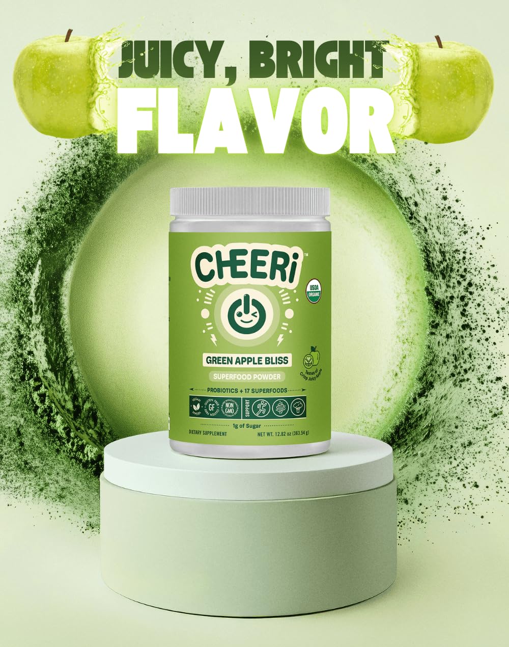 Cheerific Green Apple Bliss Superfood Powder - 20+ Organic Superfoods + Prebiotic & Probiotics + More - Keto Friendly - Supports Positive Mood, Gut Health - Vegan, Gluten Free, Non-GMO - 30 Day Supply CheerificAu supplements