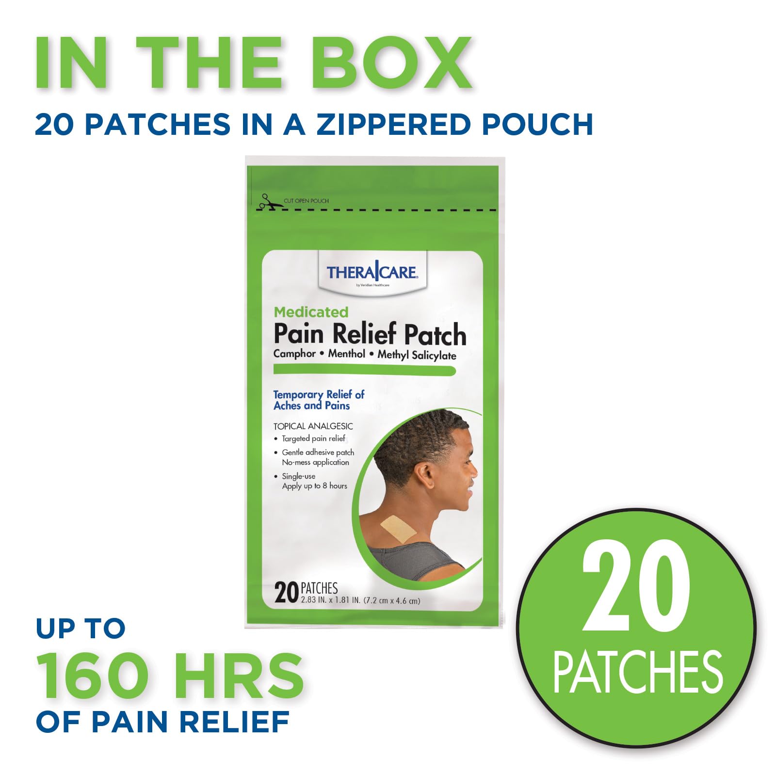TheraCare Targeted Pain Relief Medicated Patch | Neck, Shoulder, Small Areas | 20-Count | 2.83” x 1.81” | Topical Analgesic | Camphor, Menthol, Methyl Salicylate | Gentle Adhesive Thera CareAu supplements
