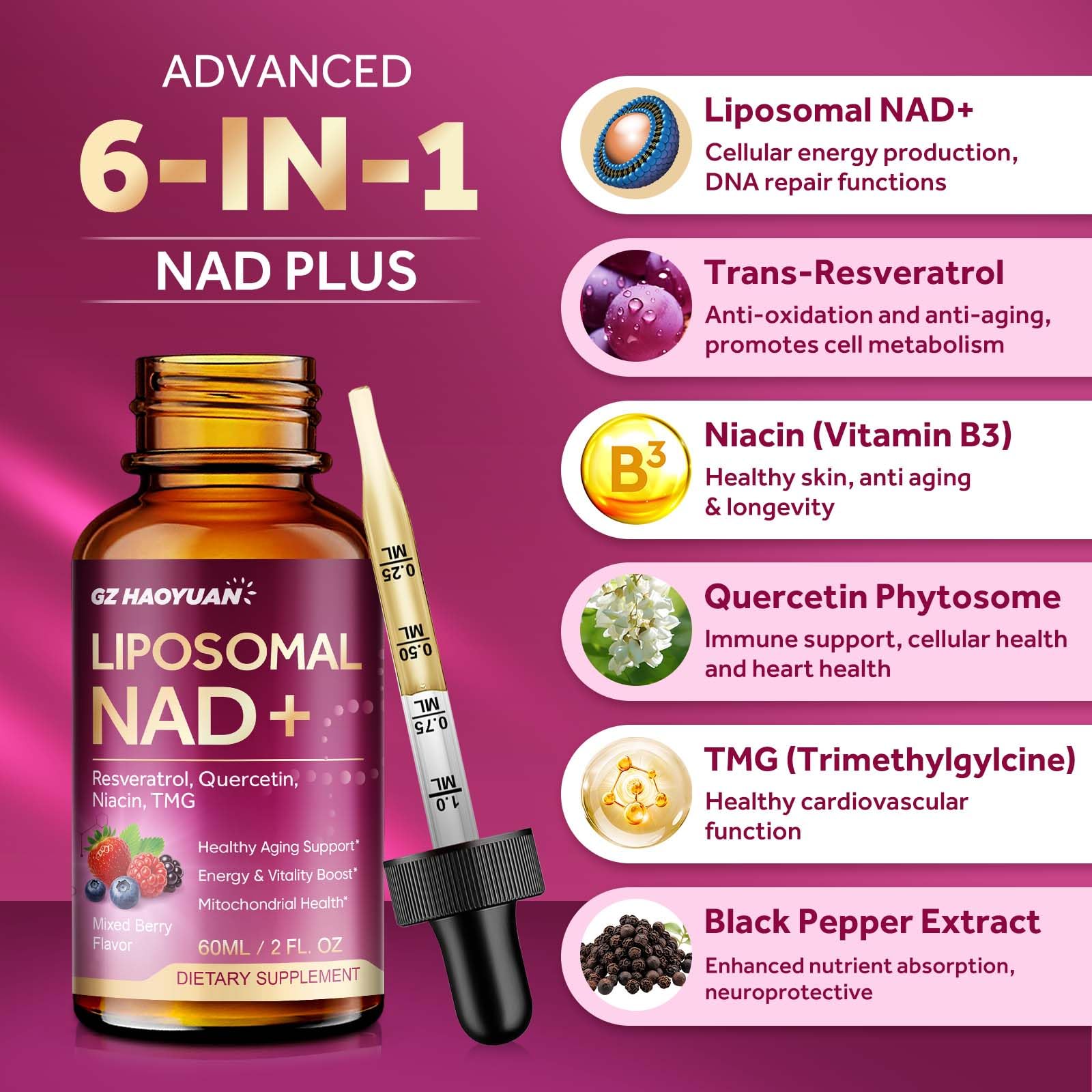 Liposomal NAD Supplement - 1200mg NAD+ Liquid Drops for Women & Men with Nicotinamide, Resveratrol, Quercetin, TMG, Black Pepper Extract - Brain & Cellular Mitochondrial Health, Anti-Aging, Longevity GZ HAOYUANAu supplements