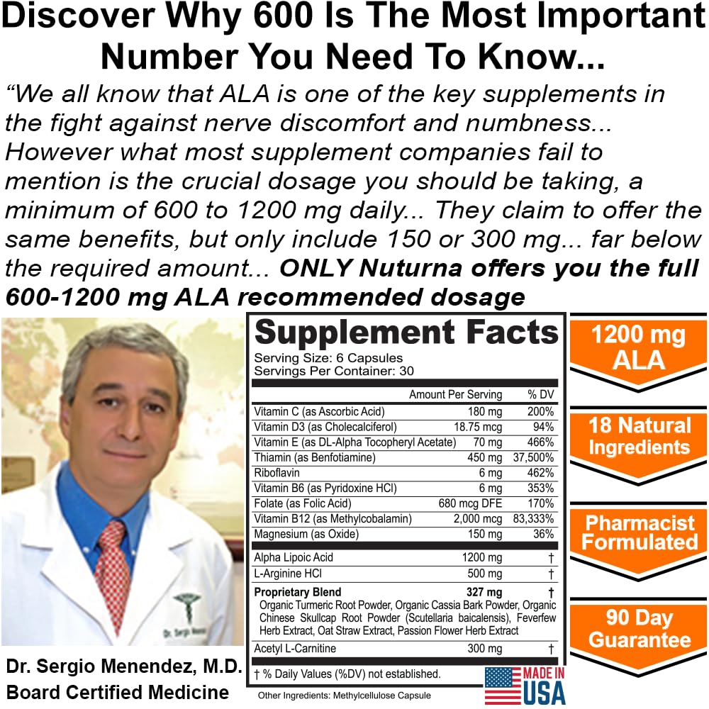 Neuroturna Support Supplement with 1200 mg Pure Alpha Lipoic Acid - Maximum Strength Formula with ALA + Vitamins + Minerals + Herbs - Best Natural Support - 180 Capsules NuturnaAu supplements