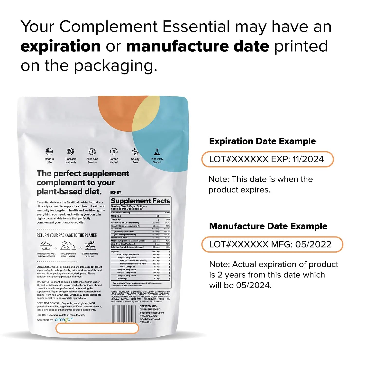 Complement Essential Vegan Multivitamin for Men & Women (30 Servings, 90 Capsules) with Omega-3 DHA & EPA, B12, Vitamin D3 & K2, Zinc, Selenium ComplementAu supplements