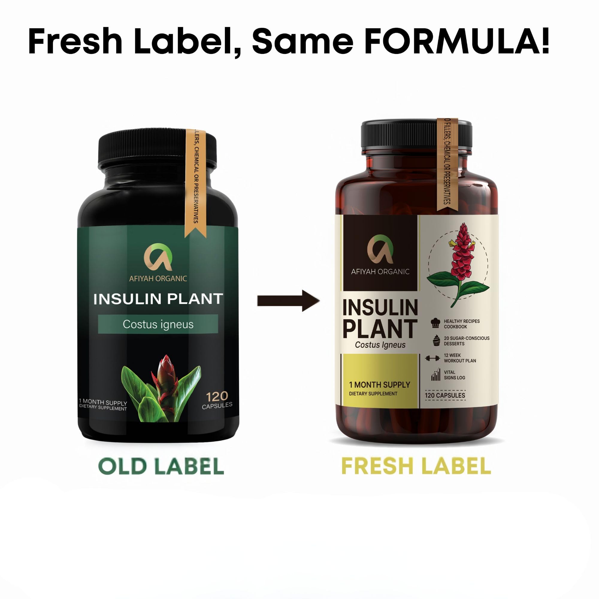 Afiyah Organic - Premium Quality Costus Igneus (Insulin Plant) Capsules - Easy to Swallow 120 Veggie Capsules (1 Month Supply) - Made in the USA - Including Complete Health Support Program Afiyah OrganicAu supplements
