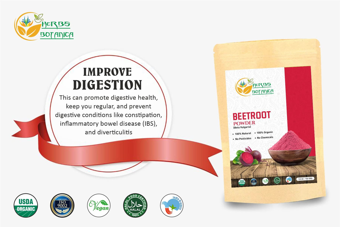 Herbs Botanica Beetroot Powder Organic for Baking and Smoothies | Nitric Oxide Suppement Herbs BotanicaUS supplements