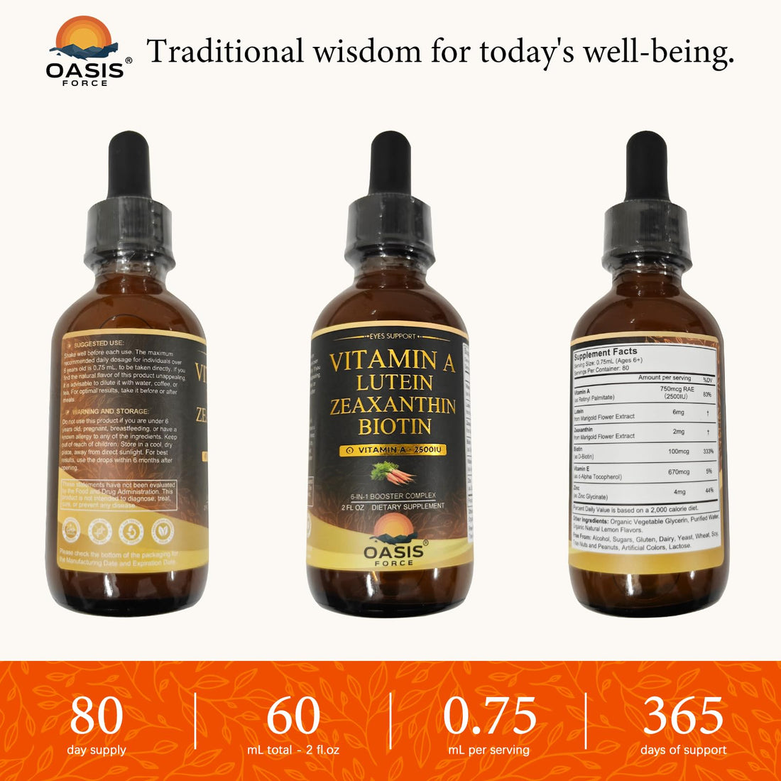 OASIS FORCE 6 in 1 Vitamin A Liquid Drops with Lutein & Zeaxanthin, Vita A Retinyl Palmitate for Skin, Vision & Immune Support, Adults & Kids Ages 6+, Vegan, Non-GMO, 2 Fl Oz OASIS FORCEAu supplements