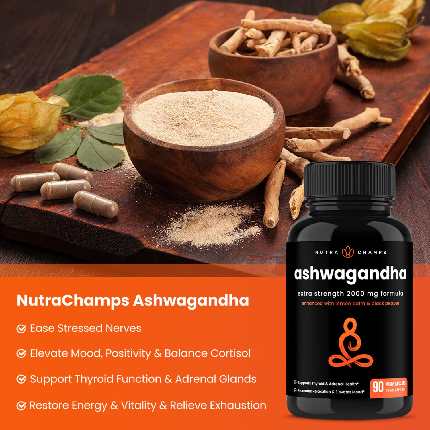 NutraChamps Organic Ashwagandha Capsules, 2000mg Adrenal Fatigue, Thyroid & Mood Support Ashwagandha Supplements, Ashwagandha Root Powder & Lemon Balm, Superior Absorption with Black Pepper NutraChampsAu supplements