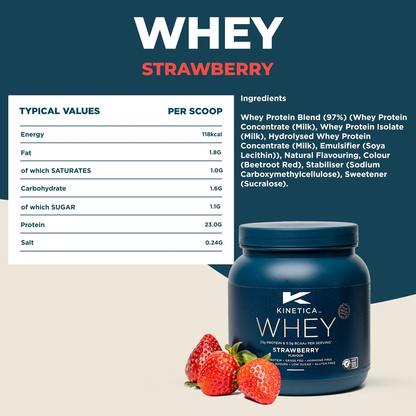 Kinetica Premium Whey Protein Powder | Grass Fed | Strawberry | 1kg | 33 Servings KineticaUS supplements