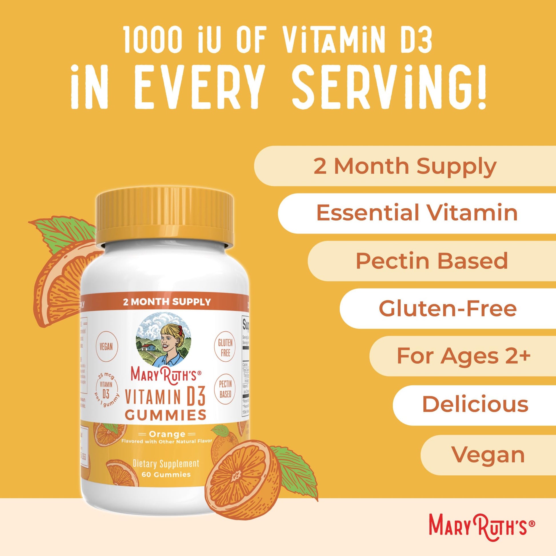 MaryRuth Organics Vitamin D3 Gummies | 2 Month Supply | Adults & Kids Vitamin D Gummy | Immune Support Supplement | VIT D3 1000IU for Bone Health&Muscle Function | Vegan | Non-GMO | Gluten Free | 60 MARYRUTH'SUS supplements