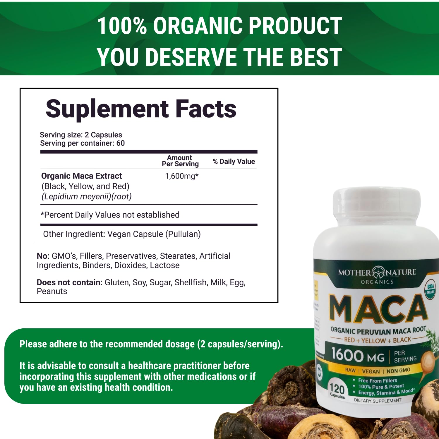 Mother Nature Organic Maca Root Capsules – 1600mg, 120 Vegan Capsules – Non GMO Peruvian Yellow, Red & Black Maca for Men & Women - Energy, Hormone, Brain & Weight Well-Being Mother Nature Organics Superfoods for Organic LivingAu supplements