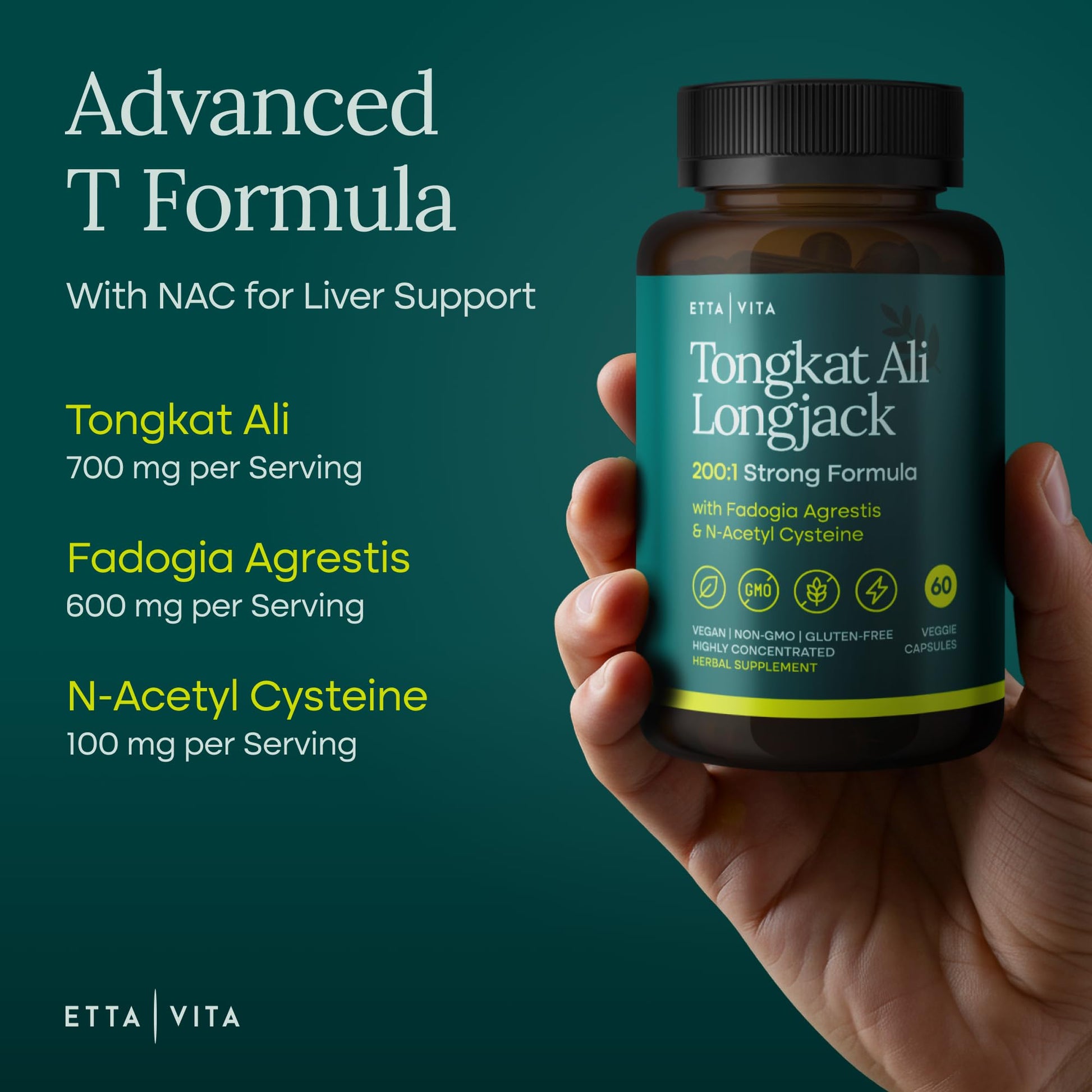 Potent Longjack - Tongkat Ali & Fadogia Agrestis Supplement for Men & Womens Energy, T Support, Lean Muscle Growth & Recovery, Hormonal Balance, Pre-Workout with Vegan NAC Liver Detox & Cleanse Etta VitaAu supplements