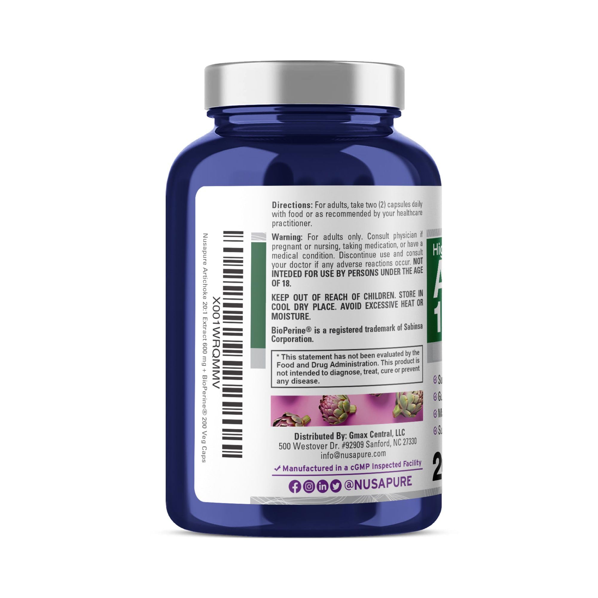 NusaPure Artichoke 20:1 Extract, 600 mg Equivalent to 12,000mg 200 Veggie caps (Non-GMO, Gluten Free) NusaPureAu supplements