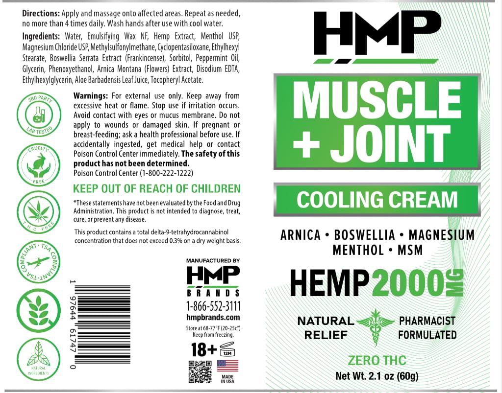 HMP BRANDS Hemp Cream Muscle & Joint Support 2000MG Hemp Discomfort Relief Formula w Menthol Ideal for Knee Muscle Joint Back Shoulder Elbow Maximum Joint Support, Natural Formula Made in USA 2.1oz HMP BRANDSAu supplements