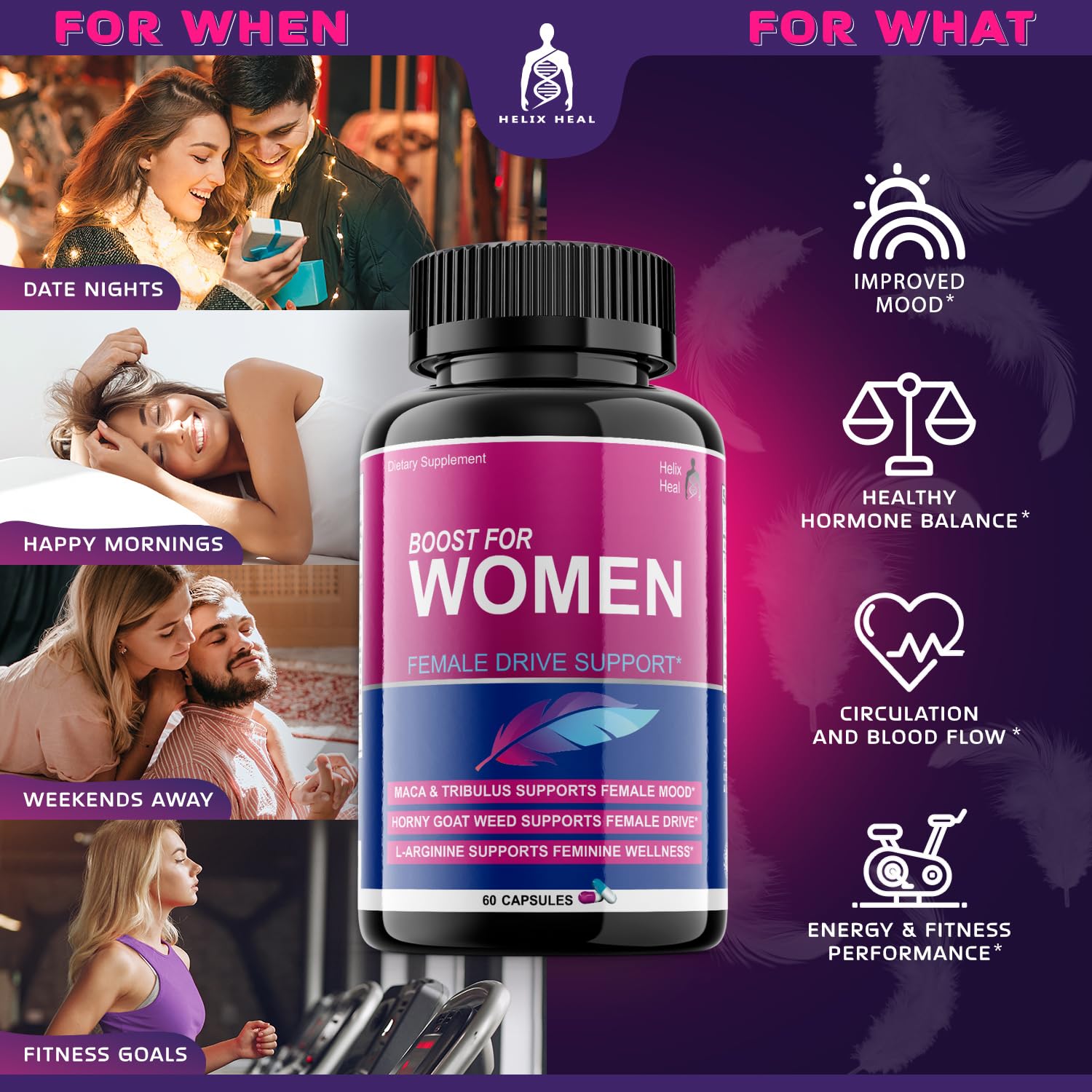 Helix Heal Libido Booster for Women Fast Acting with Horny Goat Weed - Female Desire Pills with Maca Root, Tribulus Terrestris, Ginseng and Hornygoatweed Women - Hormone Balance, Made in USA (60 ct) Helix HealAu supplements