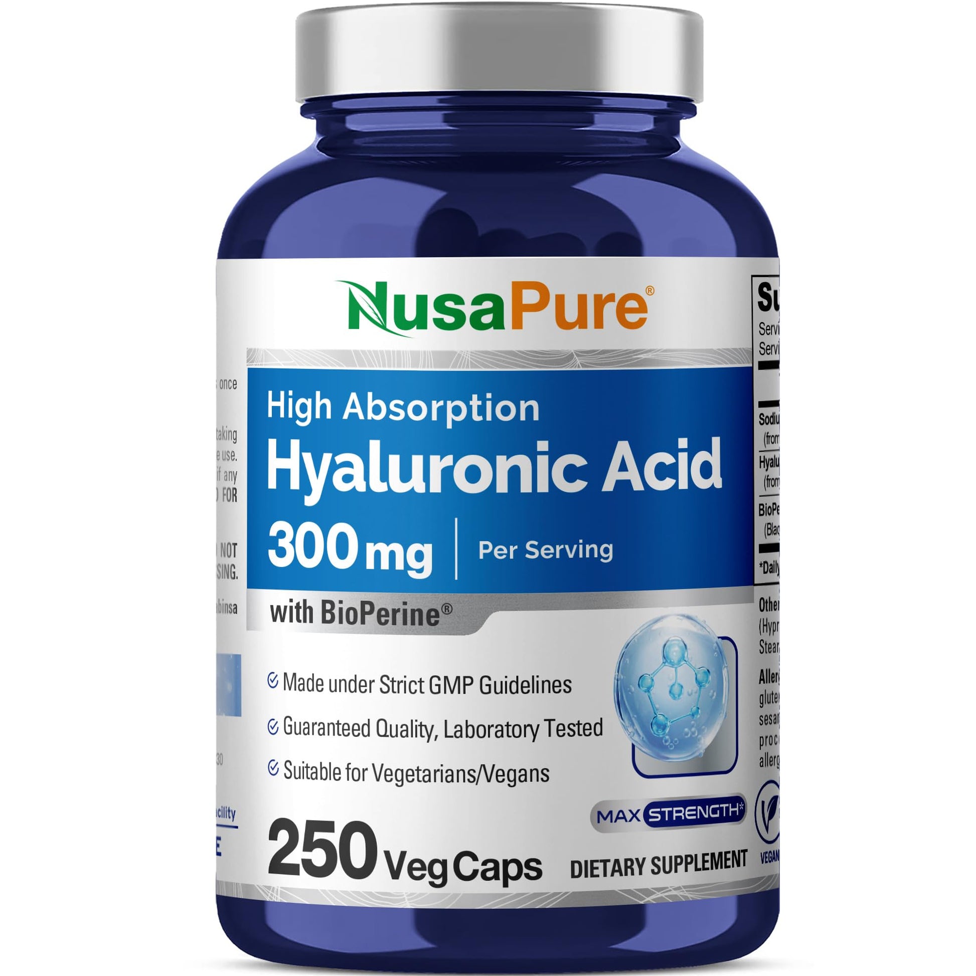 NusaPure Hyaluronic Acid 300mg 250 Veggie Capsules (Non-GMO, Vegan) NusaPureAu supplements