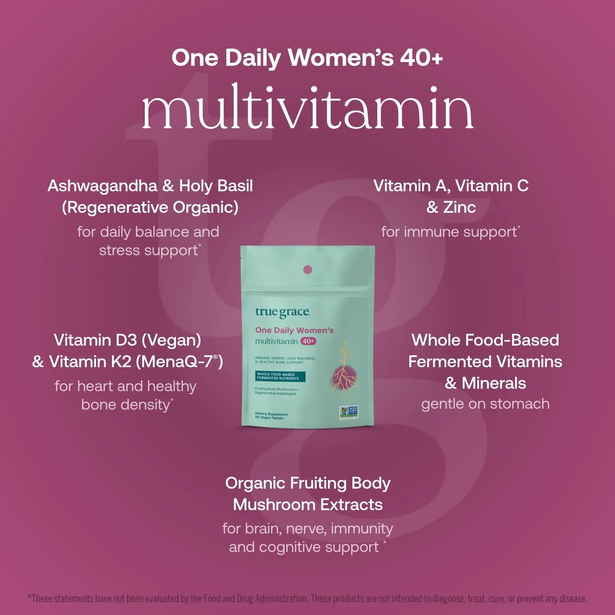True Grace One Daily Women’s Multivitamin 40+ Fermented Minerals, Organic Adaptogens & Mushrooms Energy, Immune, Bone Support True GraceAu supplements