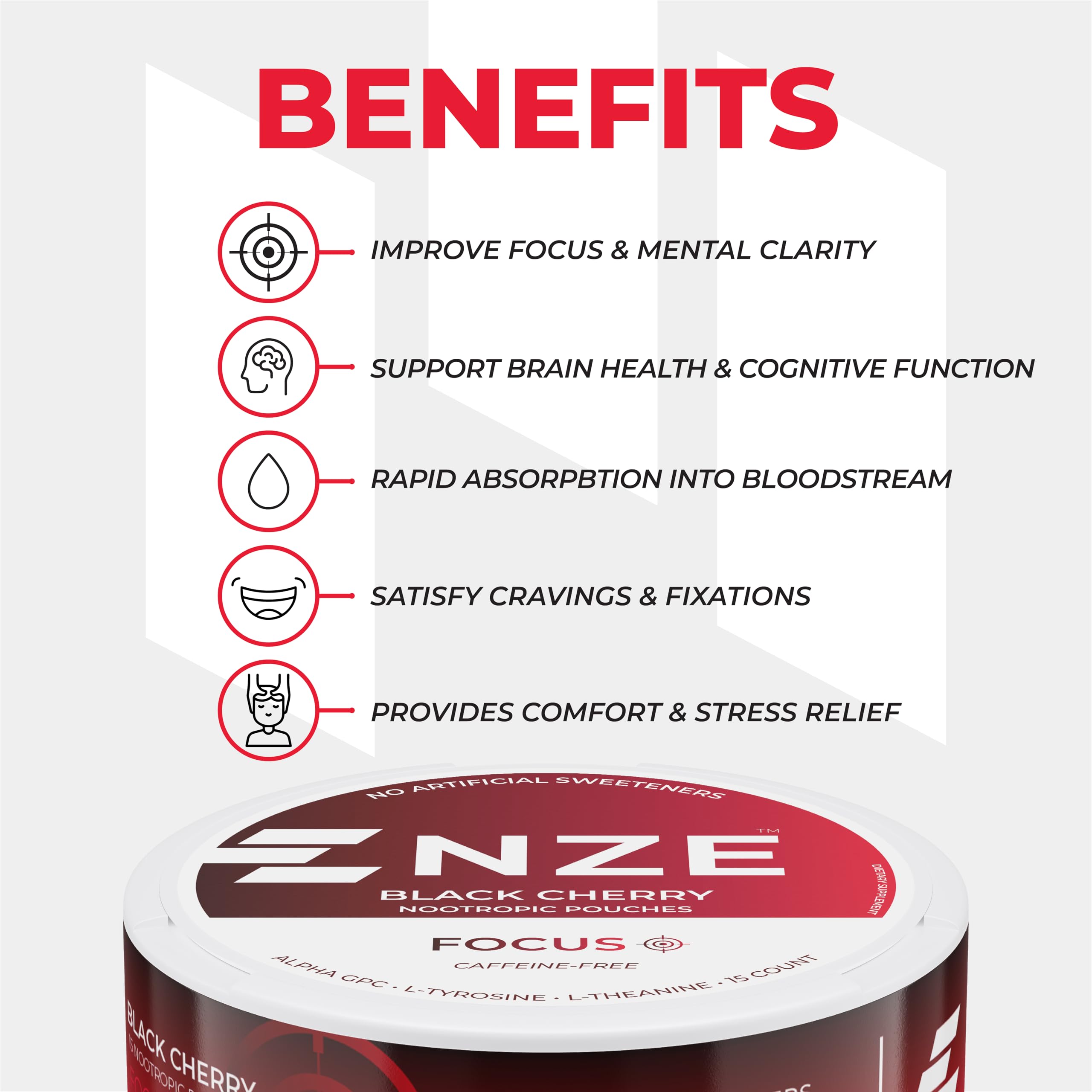 NZE Caffeine Free Nootropic Pouches (Black Cherry) - Nootropic Pouches with Alpha GPC, L-Tyrosine & L-Theanine - No Sugar or Artificial Sweeteners - 15 Pouches Per Can - 5 Pack NZEAu supplements