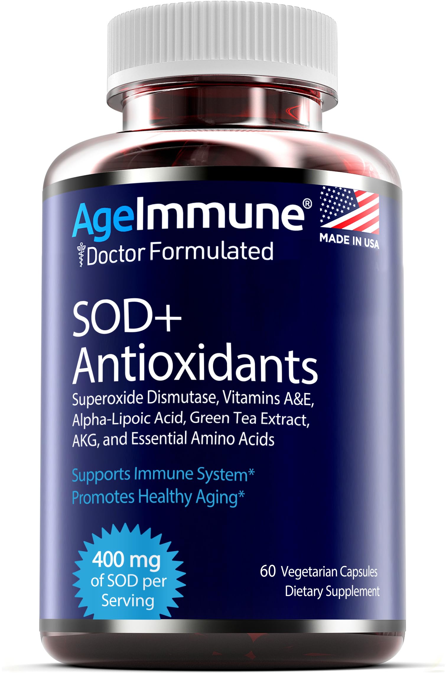SOD Antioxidants Complex Healthy Aging Supplement - 400mg of Superoxide Dismutase - Alpha Lipoic Acid - L-Arginine -Lysine - AKG - Vitamin A - Vitamin E for Immune Support-60 Capsules AgeImmuneAu supplements