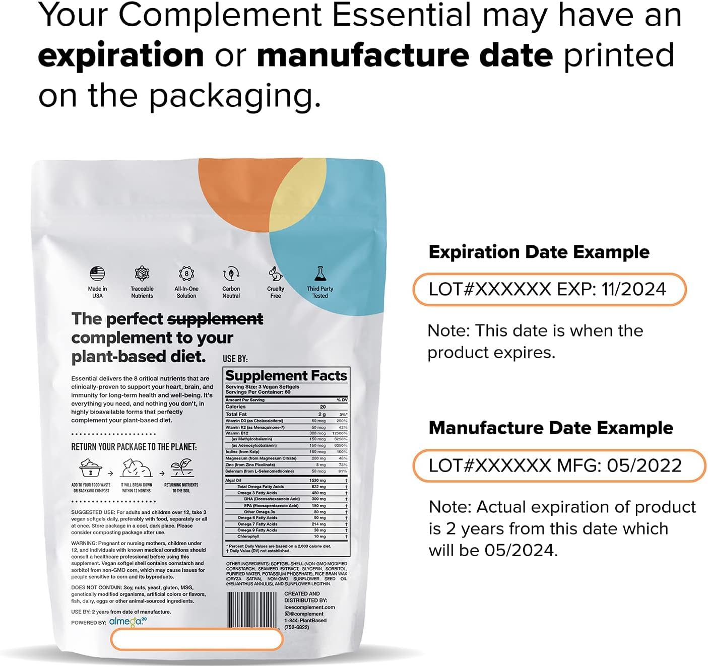 Complement Essential Vegan Multivitamin for Men & Women (30 Servings, 90 Capsules) with Omega-3 DHA & EPA, B12, Vitamin D3 & K2, Zinc, Selenium, Magnesium, Iodine - Supports Immunity & Overall Health ComplementAu supplements
