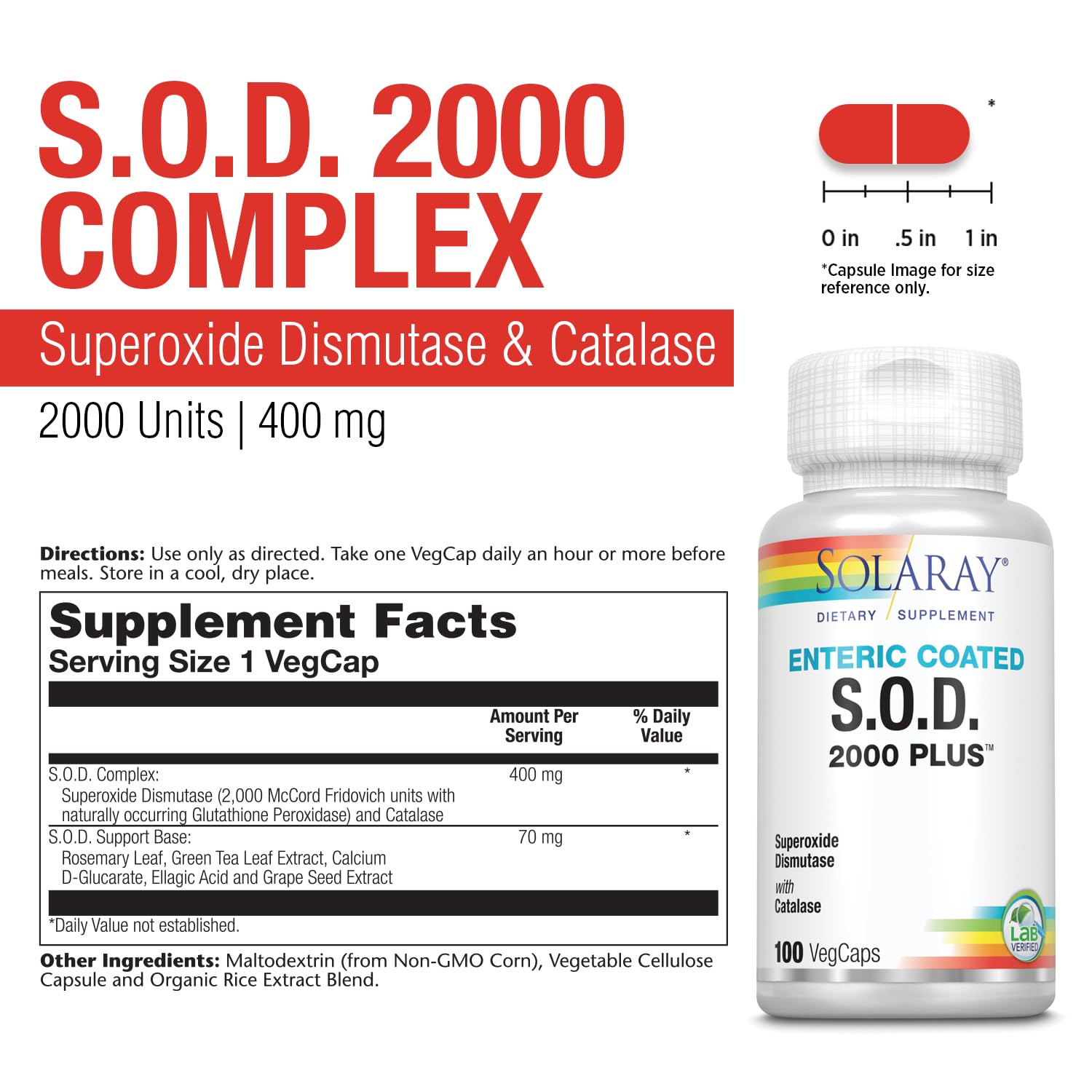SOLARAY S.O.D. 2000 Plus - Superoxide Dismutase (SOD) and Catalase Antioxidant Supplement, Wellness Support - w/Green Tea Extract, Calcium, Rosemary, Grape Seed Extract, 60-Day Guarantee, 100 Servings SOLARAYAu supplements