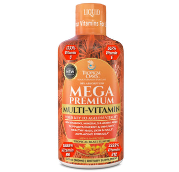 Mega Premium Liquid Multivitamin | Natural Immune Support Vitamin w/ 1333% Vitamin C, 200% D3, Zinc + 20 Vitamins, 70 Minerals, & 21 Amino Acids | Sugar Free | Orange Flavor | 98% Absorption | 32 Serv Tropical OasisAu supplements