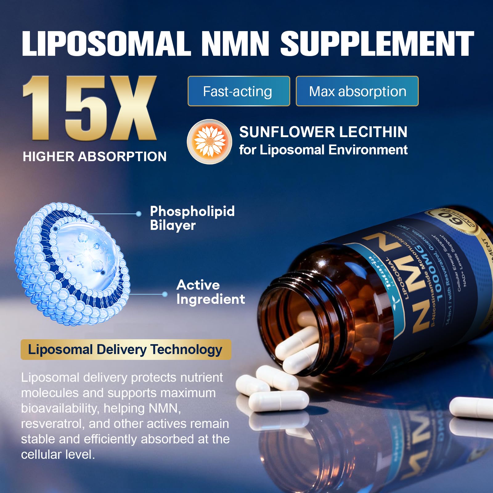 Totaria Liposomal NMN Supplement 1000mg, 14-in-1 NMN Resveratrol Complex with CoQ10, TMG, Quercetin, ALA, PQQ, Support NAD Levels, Cellular Energy & Healthy Aging, 60 Capsules, cGMP, Filler Free TotariaAu supplements