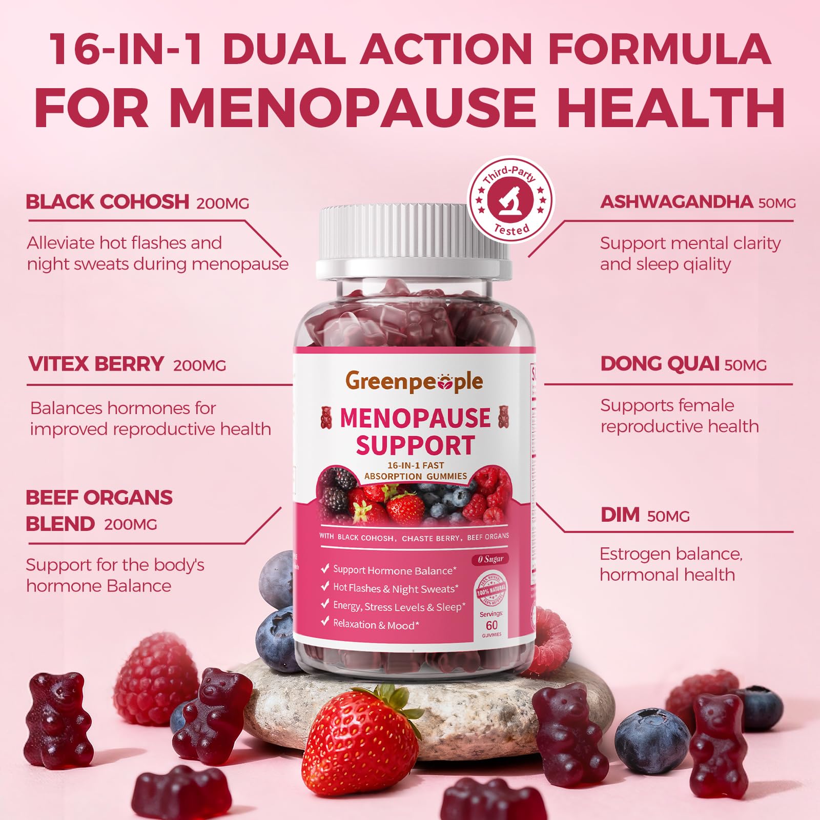 GREENPEOPLE Menopause Supplements for Women Gummies - 16-in-1 Dual Action Menopause Relief W/Black Cohosh, Vitex, Beef Organs for Hormone Balance, Hot Flashes, Night Sweats & Mood, Sugar-Free 60 CT GREENPEOPLEAu supplements