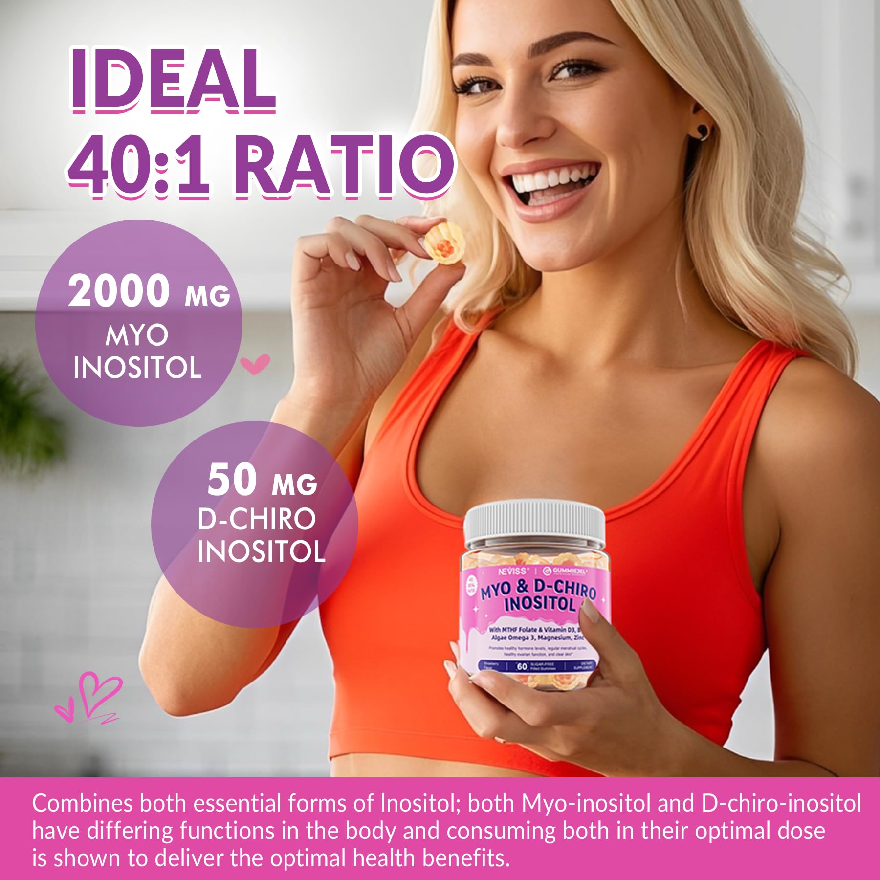Myo-Inositol & D-Chiro Inositol, Hormone Balance for Women | Sugar Free Inositol Gummies w/Omega 3, MTHF Folate, Vitamin D3, B12, Magnesium & Zinc for Ovarian Health, Ideal 40:1 Ratio, Vegan, 60 Cts NEVISSAu supplements