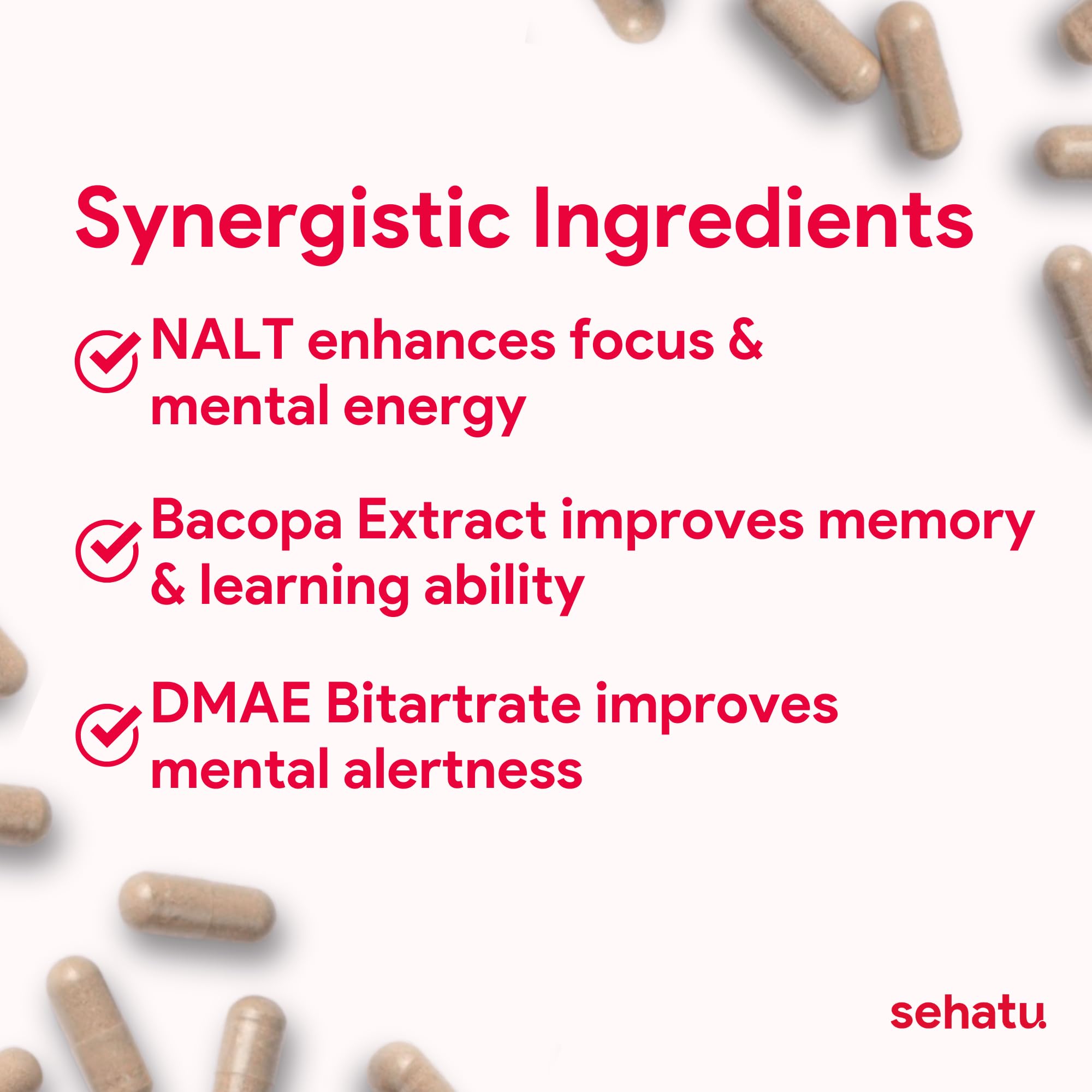 SEHATU Focus Plus Cognitive Performance Enhancer | with N-Acetyl L-Tyrosine, DMAE Bitartrate, GABA, Glutamic Acid | Boosts Focus, Enhances Memory, Supports Brain Health | 60 Count | 30 Day Supply SEHATUAu supplements