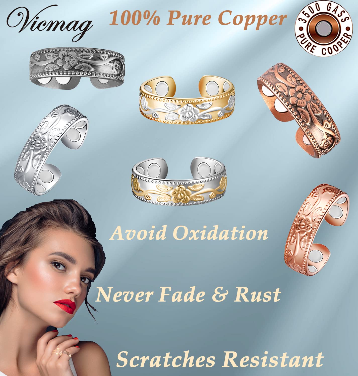 Vicmag Copper Magnetic Ring for Women Men 100% Solid Pure Copper Adjustable with Jewelry Gift Box VicmagAu supplements