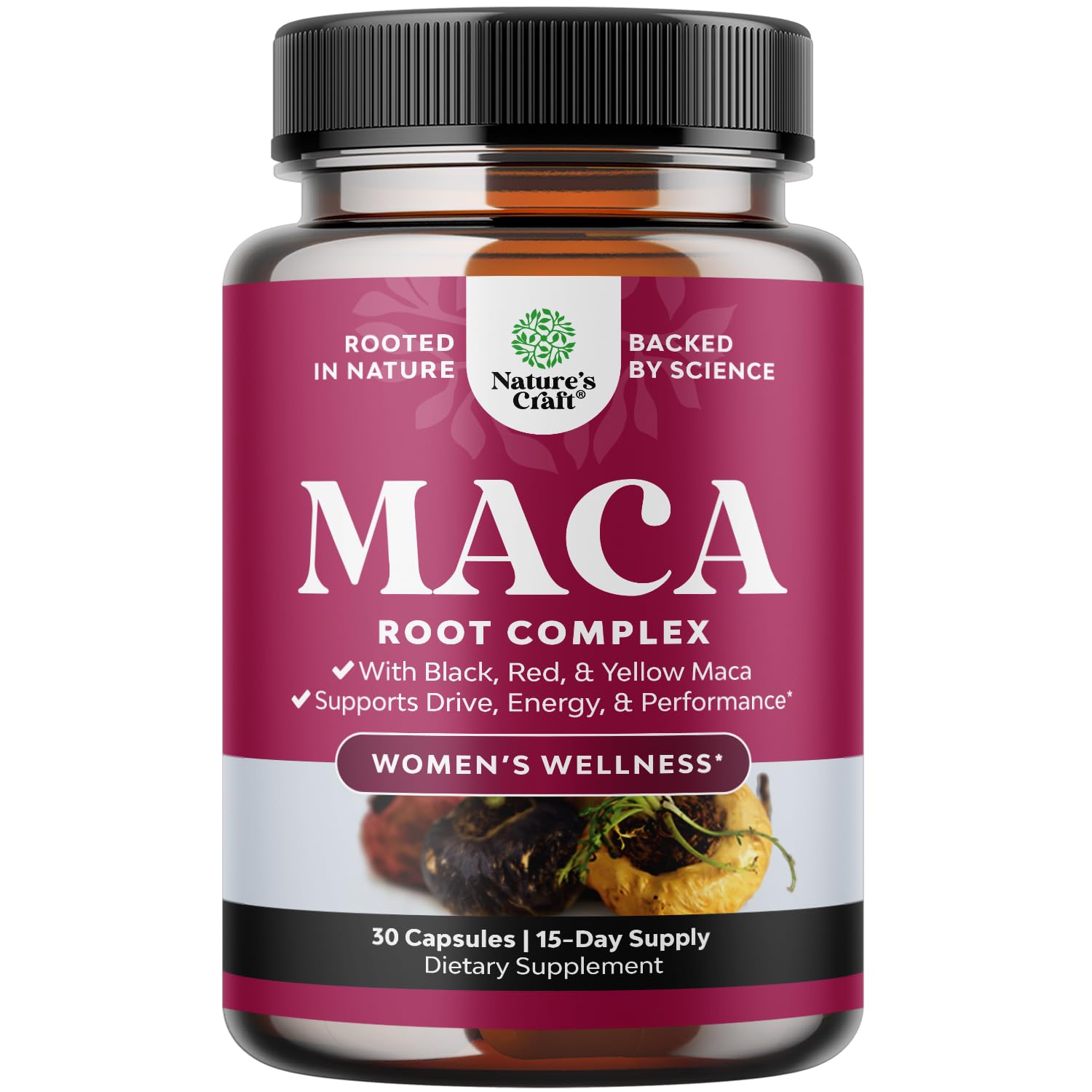 Maca Root Capsules for Women - Potent Herbal Supplement with Female Enhancing Blend of Red Yellow & Black Maca Root - Non-GMO Certified Vegan and Gluten-Free with No Artificial Colors - 30 Count Natures CraftAu supplements
