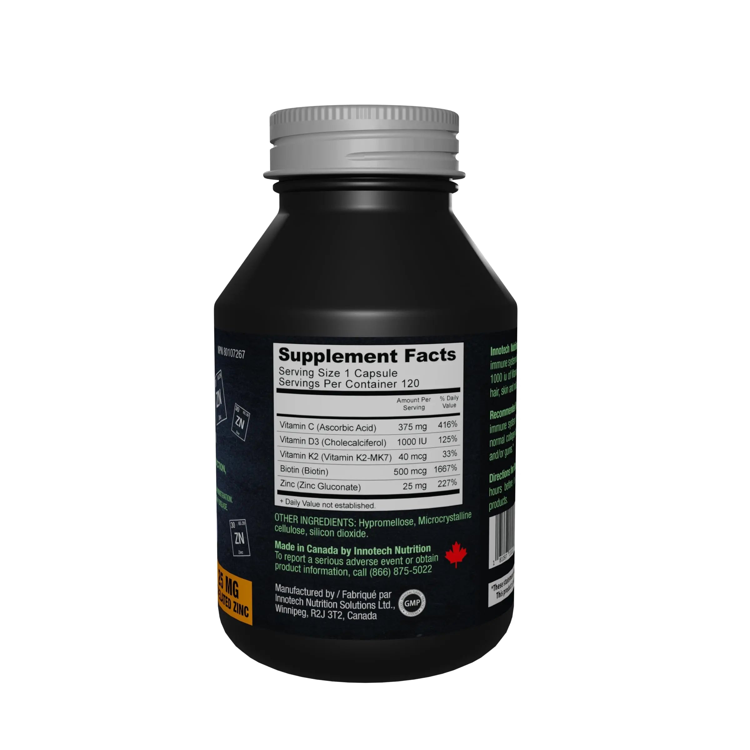 Innotech Nutrition Zinc Plus Immune Hair Skin & Nails Support Chelated Zinc Vitamin D3 & Biotin 120 Vegan Capsules Innotech Nutrition Solutionsnz supplements