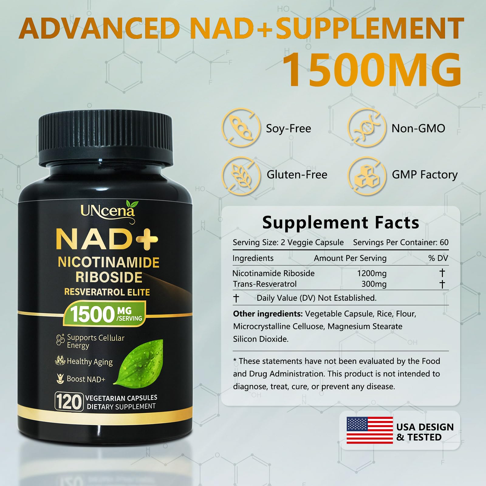 UNcena NAD Supplement 1500mg - Liposomal NAD+ Nicotinamide Riboside with Resveratrol, NAD Plus Boosting - Support Cellular Health, Stamina & Healthy Aging for Women & Men- 120 Capsules UNcenaAu supplements