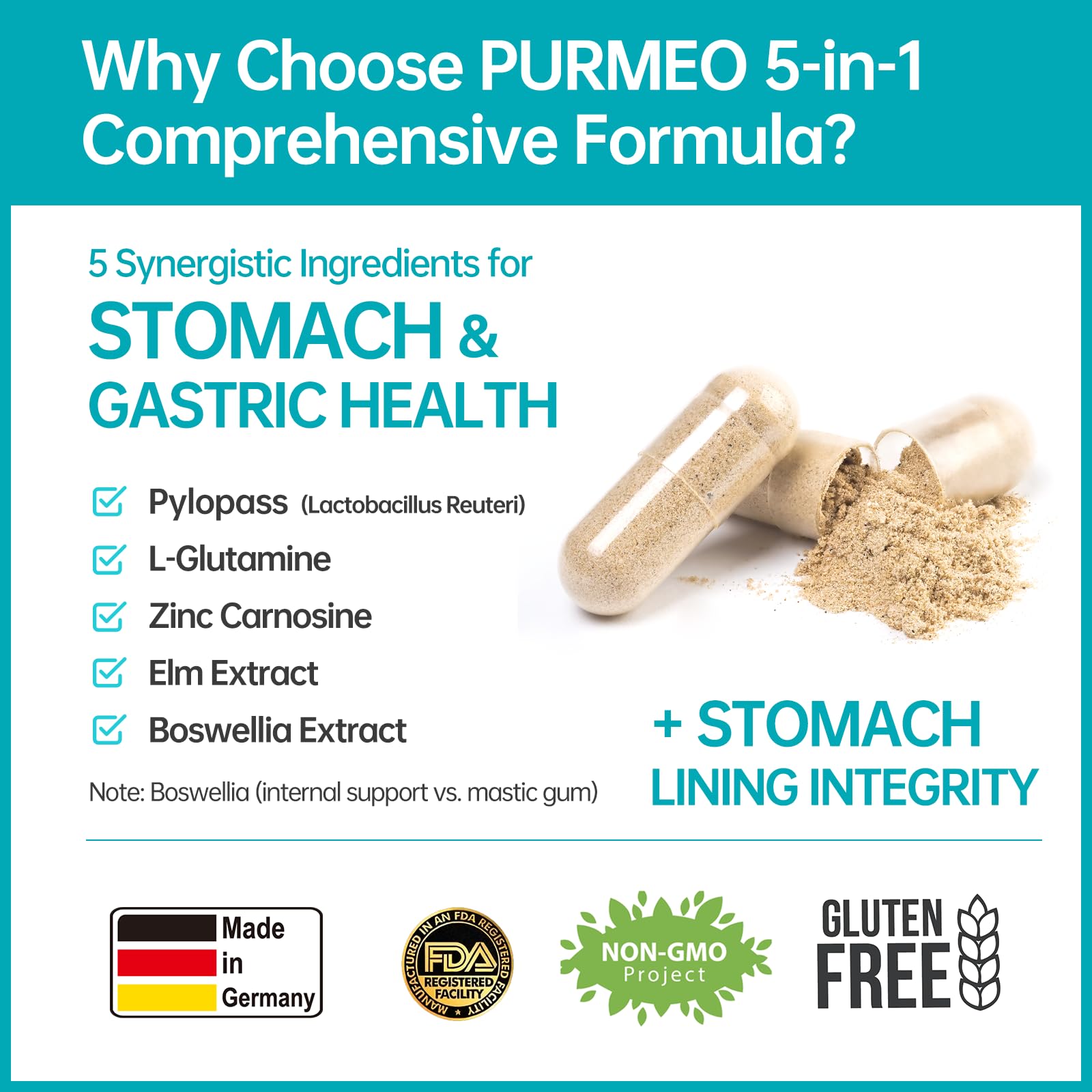 5-in-1 High Potency H. Pylori Probiotic, 1 Per Day - Supports Gastric Lining Integrity, Occasional Indigestion, Acid Comfort - Pylopass Lactobacillus Reuteri, Gluten Free, Vegan, 30ct, Made in Germany purmeoAu supplements