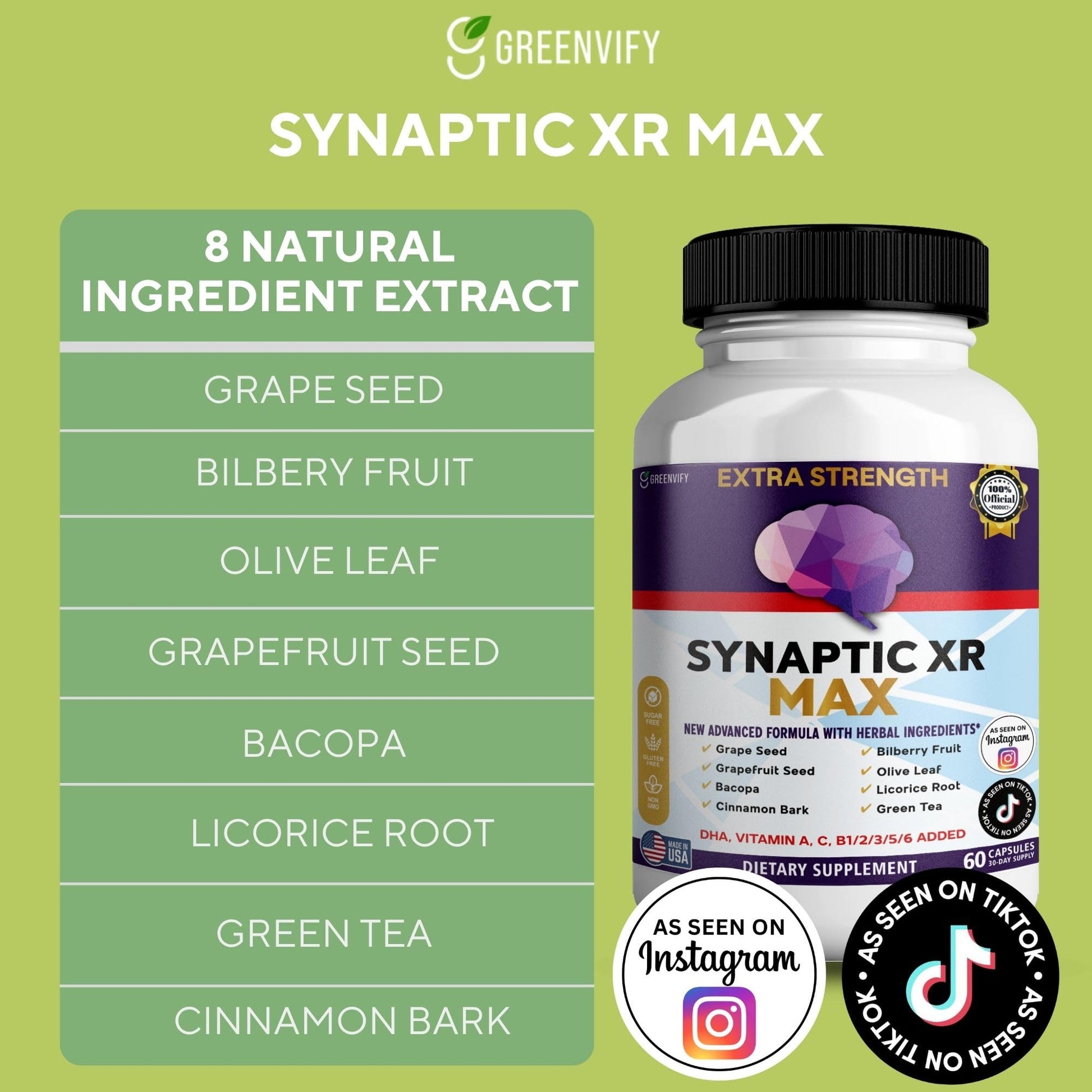 GREENVIFY Synaptic XR Max Extra Strength Brain Support Supplement with Herbal Ingredients, 60 Capsules, DHA Vitamins, Nootropic Formula (1) GREENVIFYAu supplements