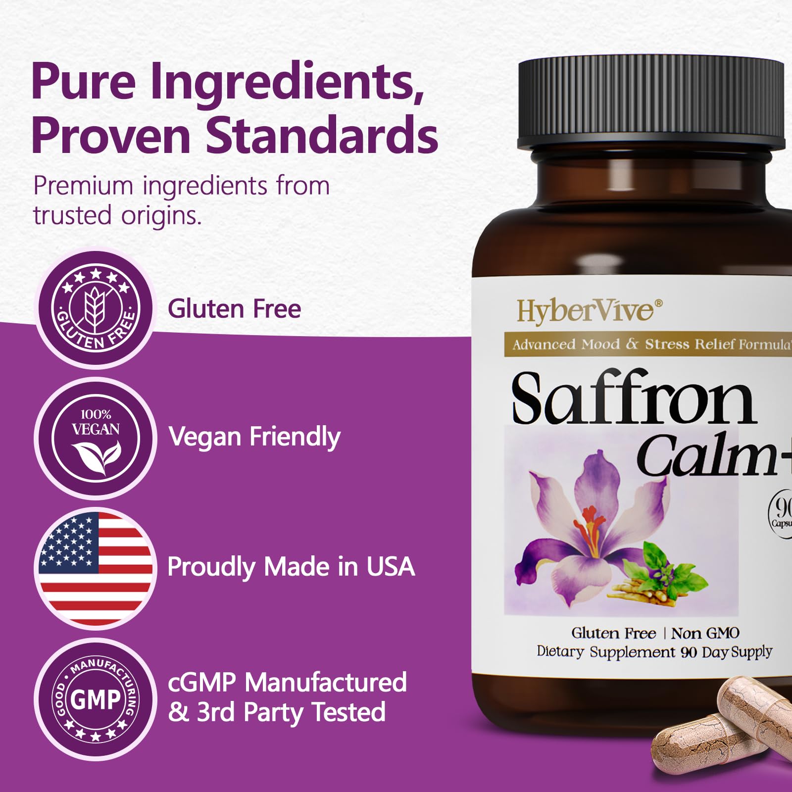 HyberVive Saffron Supplements with Ashwagandha & L-Theanine - 368.5MG - Mood Balance, Stress Relief & Mental Clarity – Cortisol Support for Women & Men, Made in USA, 90 Vegan Capsules HyberViveAu supplements