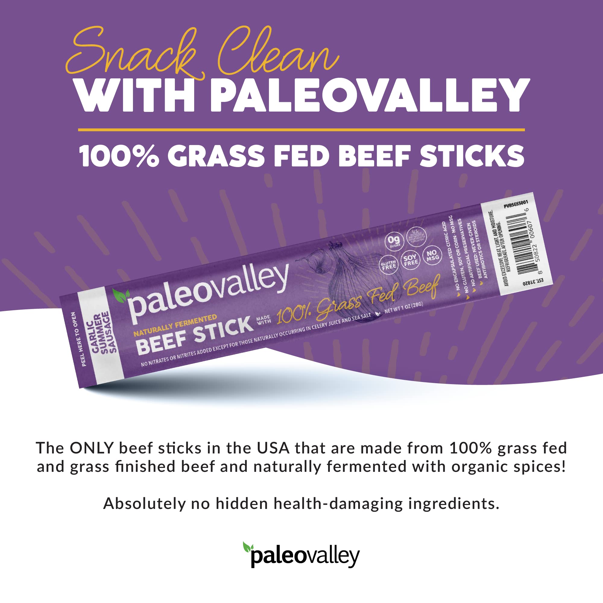Paleovalley 100% Grass Fed Garlic Summer Sausage Beef Sticks - Delicious Gluten Free Beef Snack - High Protein Keto Friendly PaleovalleyUS supplements