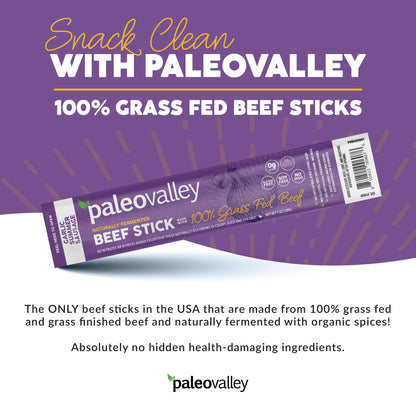 Paleovalley 100% Grass Fed Garlic Summer Sausage Beef Sticks - Delicious Gluten Free Beef Snack - High Protein Keto Friendly PaleovalleyUS supplements