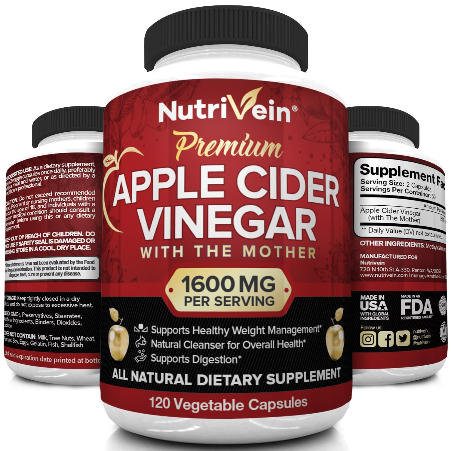 Nutrivein Apple Cider Vinegar Capsules with Mother - 1600mg - 120 Vegan NutriveinUS supplements