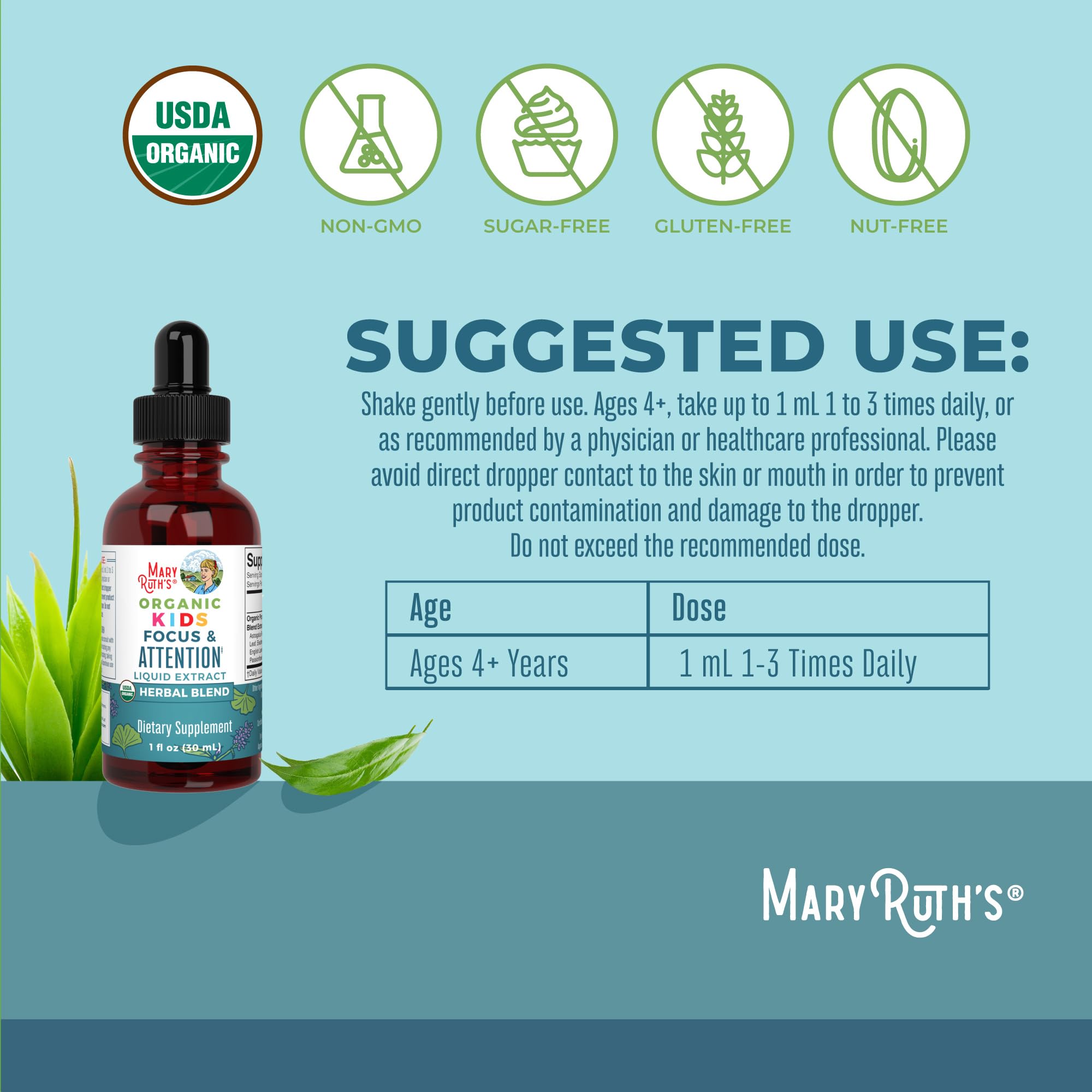 MaryRuth Organics Kids Focus & Attention Drops | USDA Organic Drops | Ginkgo Biloba | Rhodiola Root & Licorice Root | Adaptogenic | Calm | Vegan | Non-GMO | Gluten Free | 30 Servings MARYRUTH'SUS supplements