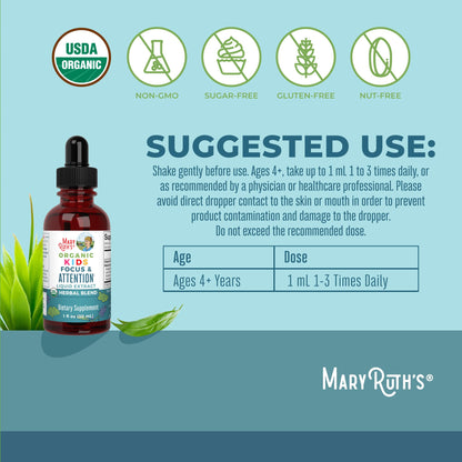 MaryRuth Organics Kids Focus & Attention Drops | USDA Organic Drops | Ginkgo Biloba | Rhodiola Root & Licorice Root | Adaptogenic | Calm | Vegan | Non-GMO | Gluten Free | 30 Servings MARYRUTH'SUS supplements