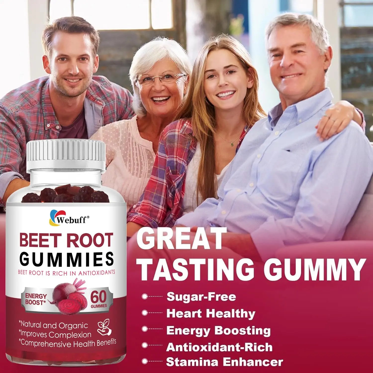 Webuff Beet Root Gummies - Nitric Oxide Booster with Organic Beet, Pomegranate & Grape Seed, Vitamin B12 - Energy, Circulation & Heart Health Support, Vegan, Non-GMO, 60 Count (Pack of 1) Webuffnz supplements