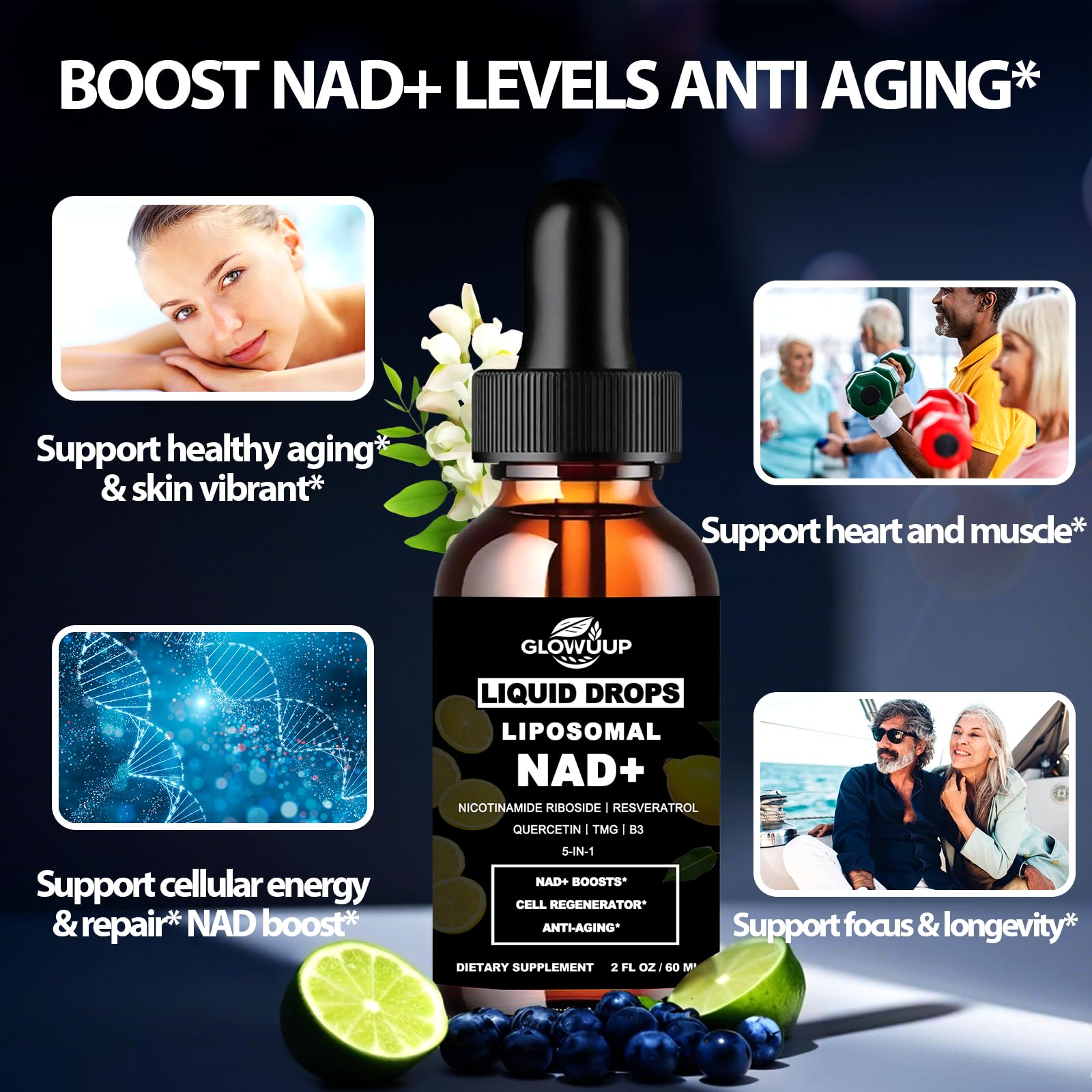 NAD Supplements for Women & Men, Liposomal NAD Nicotinamide Riboside Resveratrol 900mg w. B3 Vitamin Quercetin TMG, Liquid Resveratrol NAD Plus Supplement for Anti-Aging Energy Focus Longevity GLOVVUUPAu supplements